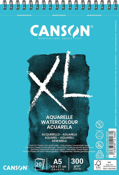 CANSON XL Watercolour 300gsm A5 Paper, Cold Pressed, Spiral Pad Short Side, 30 White Sheets, Ideal for Professional Artists...