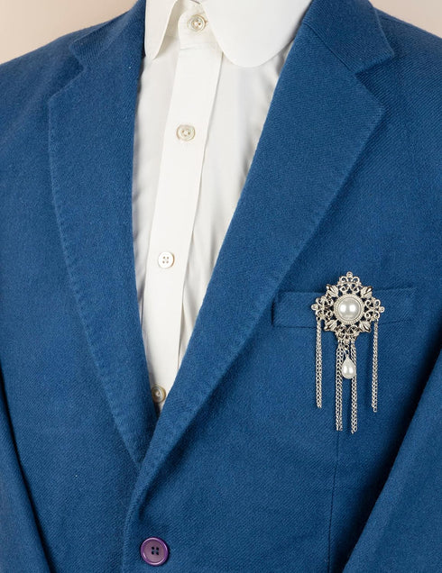 Knighthood Formal Silver Abstract Brooch With Pearl Engraving Hanging Tassel Chain Collar Pin Brooch, Suit Stud, Shirt Studs, Lapel Pin Accessorie...