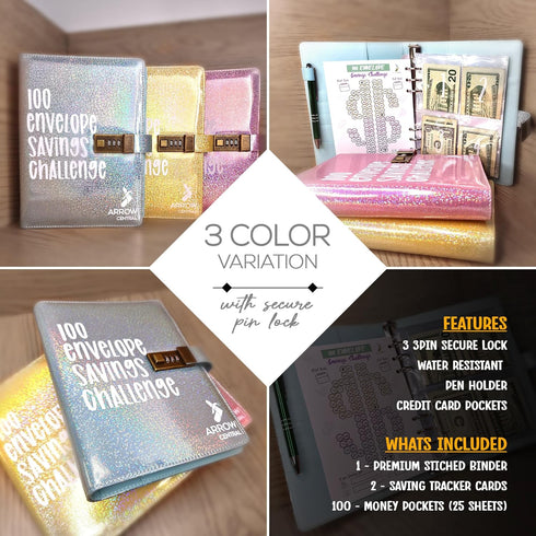 100 Envelopes Money Savings Challenge, A5 Budget Binder with Cash Envelopes and Combination Lock, Sparkling Leather Book to Save $5,050, Secure Bi...