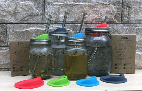 Reusable Food Grade and BPA Free Silicone Sip Coffee Juice Drinking Lid Kit with Stainless Steel Rings for Mason, Ball, Canning Jars, Pack of 4 Se...