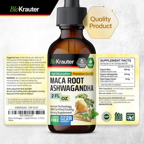 Maca Root and Ashwagandha Tincture - Organic Maca & Ashwagandha Supplements for Men & Women - Adaptogenic Liquid Supplement for Mood Support - Alc...