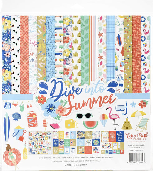 Echo Park Paper Company Dive Into Summer Collection Kit paper, green, blue, navy, pink, peach, coral 12-x-12-Inch...