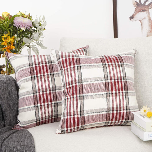 YOUR SMILE Christmas Retro Farmhouse Buffalo Tartan Chequer Plaid Cotton Linen Decorative Throw Pillow Case Cushion Cover Pillowcase for Sofa 18 x...