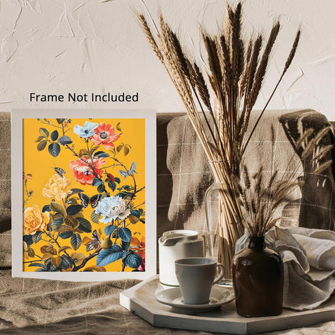 Posterizer 1 pcs-bright background-vibrant flowers , butterflies-Floral & Botanical Art-Abstract & Modern Art-Decor for Home & Office- UNFRAMED Wa...