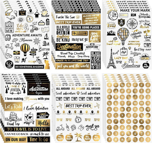 30 Sheets Travel Theme Scrapbook Stickers Gold Foil Vintage Scrapbooking Stickers Adhesive Vinyl Adventure Stickers for DIY Craft Kits Journal Pla...