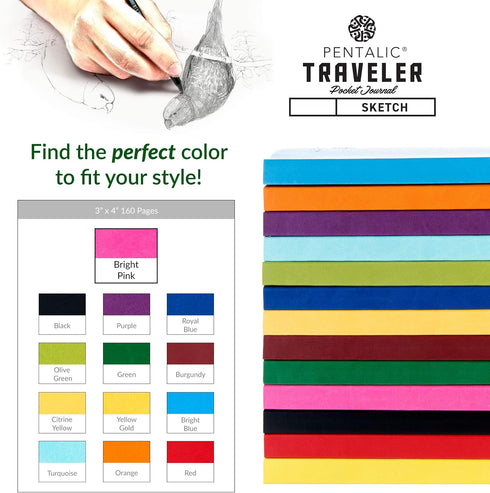 Pentalic 3" x 4" Pocket Sketchbook Traveler Journal, 160 Pages, Bright Pink...