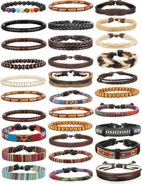 FIBO STEEL 31 Pcs Braided Leather Bracelets for Men Women Wooden Beads Cool Hemp Tribal Wristbands Cuff Punk Multilayered Bracelets...