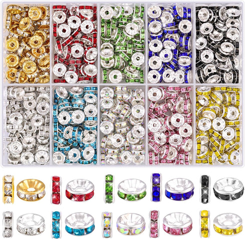 600 pcs 8mm Spacer Beads for Crafting, 10 Colors Rondelle Spacer Beads Box, Fancy Sparkle Crystal Rhinestone Spacer Loose Beads for Necklace Brace...
