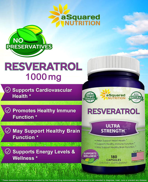 100% Natural Resveratrol - 1000mg Per Serving Max Strength (180 Capsules) Antioxidant Supplement, Trans-Resveratrol Pills for Heart Health & Pure,...
