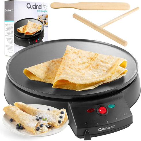 12" Griddle & Crepe Maker, Non-Stick Electric Crepe Pan w Batter Spreader & Recipe Guide- Dual Use Hot Plate for Blintzes, Eggs, Pancakes- Portabl...