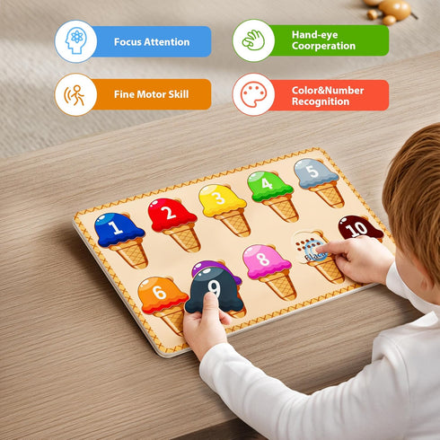 Wooden Puzzles for Toddlers,Montessori Toys,Preschool Learning Activities,Peg Puzzle with Ice Cream Shape and Color Number Matching Educational To...