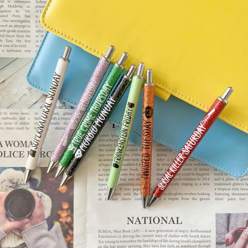 Jxueych 7Pcs Halloween Weekday Pens Glitter Pen with Funny Sayings Vibrant Passive Fancy Ballpoint Pens Cute Gifts for Colleagues Office Supplies ...
