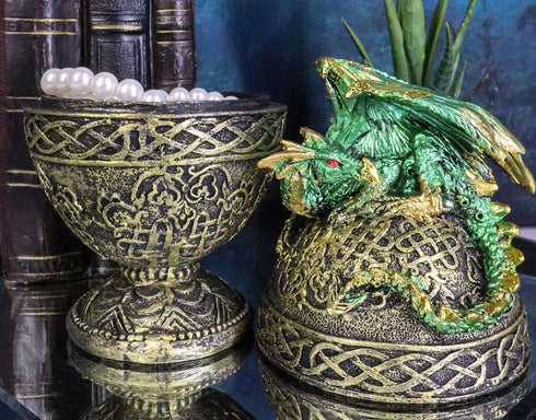Ebros Gift Green Dragon Perching On Celtic Knotwork Tattoo Relic Golden Egg Decorative Jewelry Box Figurine 6.25" High Fantasy Myths Legends Dunge...