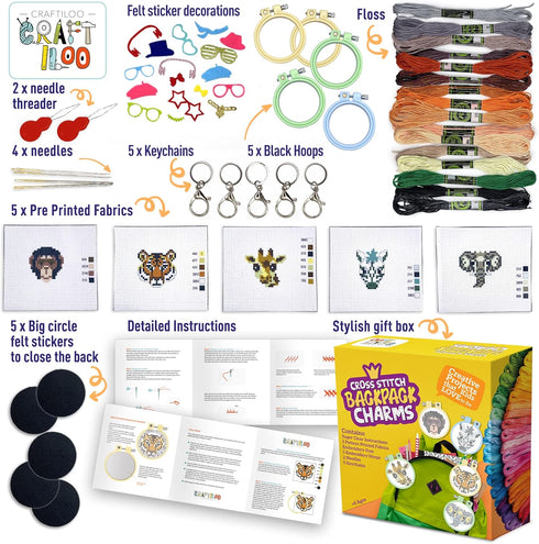 Safari Animals Cross Stitch Kits for Beginners. 5 Stamped Cross Stitch Kits for Kids.Needlepoint Kits for Beginners. Embroidery Kit for Kids. Cros...