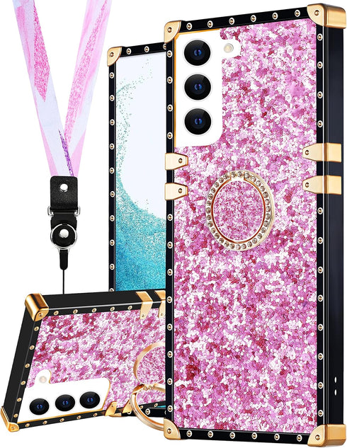 Loheckle for Samsung Galaxy S22 Case for Women Girls with Ring Stand Holder and Lanyard, Glitter Retro Luxury Glamour Cute Square Edges Bling Phon...