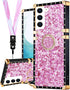 Loheckle for Samsung Galaxy S22 Case for Women Girls with Ring Stand Holder and Lanyard, Glitter Retro Luxury Glamour Cute Square Edges Bling Phon...