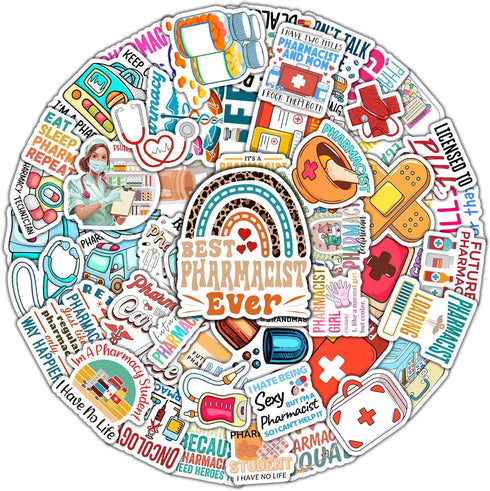 Pack 50 PCS Pharmacist Stickers Medicines Waterproof Decals Vinyl Medical Themed Graphics Pharmacy Patches Phone Case Laptop Water Bottles Accesso...