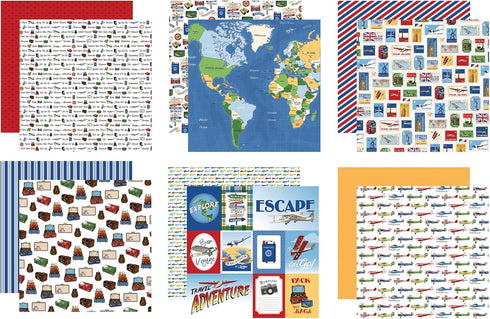Travel Scrapbook Paper 12x12 - World Map Scrapbook Paper with Plane, Stamp, Luggage Design | Vacation Scrapbook Paper for Scrapbooking, Photo Albu...