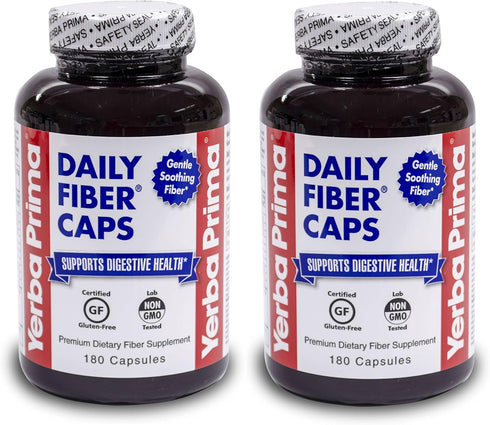 Yerba Prima Daily Fiber Formula - 180 caps (Pack of 2) - Soluble & Insoluble Dietary Fiber Supplement - Colon Cleanse - Gut Health - Vegan, Non-GM...