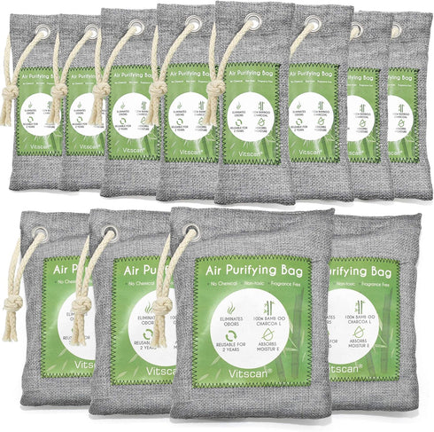 12 Pack Bamboo Charcoal Air Purifying Bag, Activated Charcoal Bags Odor Absorber, Moisture Absorber, Natural Car Air Freshener, Shoe Deodorizer, O...
