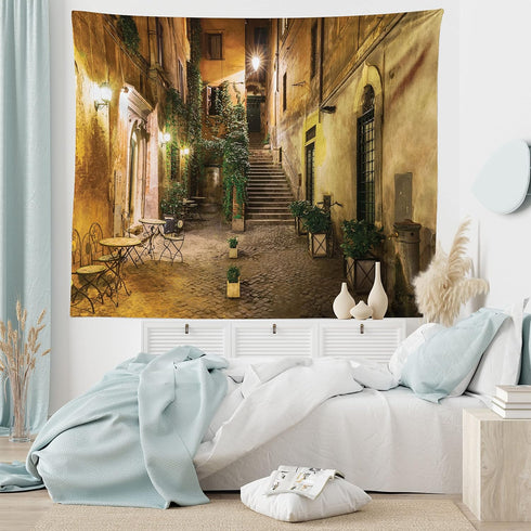 Ambesonne Cityscape Tapestry, Courtyard Night View with Street Cafe Chairs Plants in Flowerpots Rome Print, Wide Wall Hanging for Bedroom Living R...