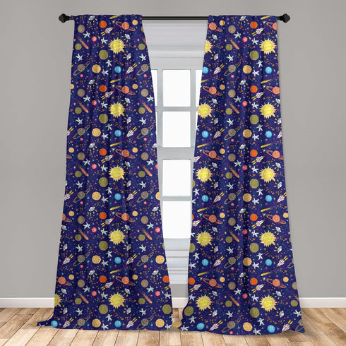 Lunarable Space Curtains, Astronomy Themed Composition with Hand Drawn Planets Sun Rockets Stars and Astronauts, Window Treatments 2 Panel Set for...