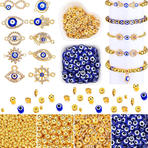 1450 Pcs Evil Eye Beads Set Eye Rhinestone Beads Kits Includes 200 Evil Eye Beads 20 Hand Evil Eye Charms 180 Rondelle Spacer Beads 800 4 mm and 2...