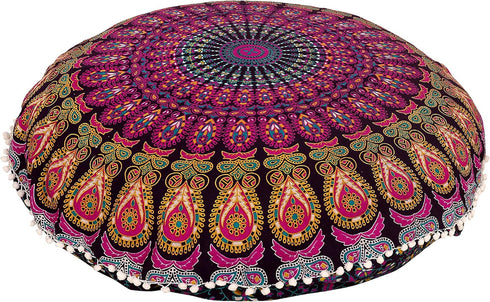 32" Purple Mandala Floor Pillow Cushion Seating Throw Cover Hippie Decorative Bohemian Ottoman Poufs, Pom Pom Pillow Cases,Boho Indian...