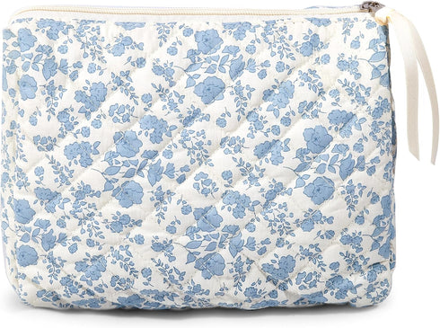 Makeup Bag Large Travel Quilted Cosmetic Makeup Bag Organizer, Floral Cotton Coquette Aesthetic Toiletry Bag for Women Girls (Blue Floral)...