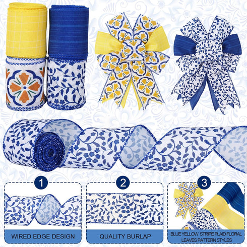 Boho Wired Edge Ribbon Blue Yellow Stripe Plaid Floral Leaves Fabric Craft Ribbon for Wedding Birthday Bridal Shower Wreath Bow Making, 4 Rolls, 2...