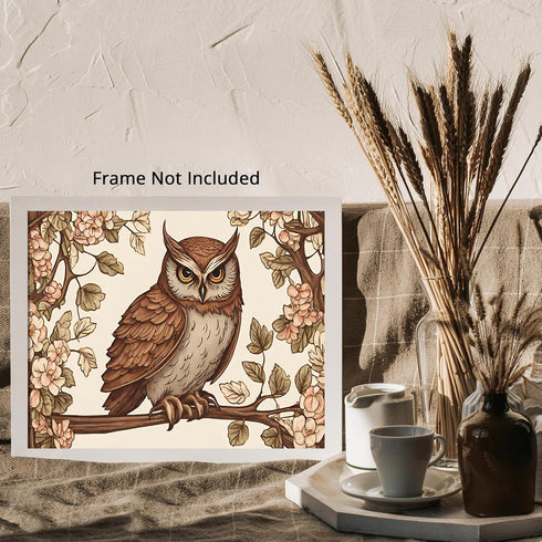 Posterizer 1 pcs- beautiful Owl sitting on a tree next to flowers-Art for Animal Lovers-Floral Botanical Art-Gift for Men Women- Decor for Bedroom...