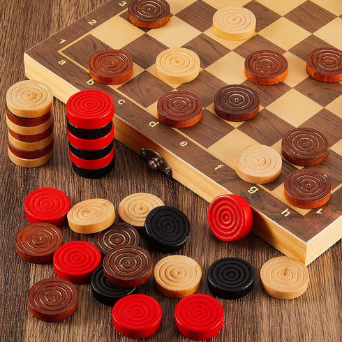 48 Pieces Wooden Checkers 1.06 Inch Wooden Checkers Pieces with Stackable Ridge in Drawstring Storage Pouch Red Black Dark Brown Wood Color (Red, ...