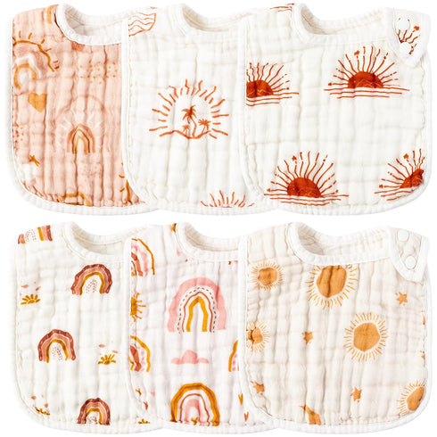Zainpe 6Pcs Snap Muslin Cotton Bibs for Baby Rainbow Sun Star Bib Adjustable Feeding Bib Machine Washable Unisex Burp Cloths with 6 Absorbent Soft...