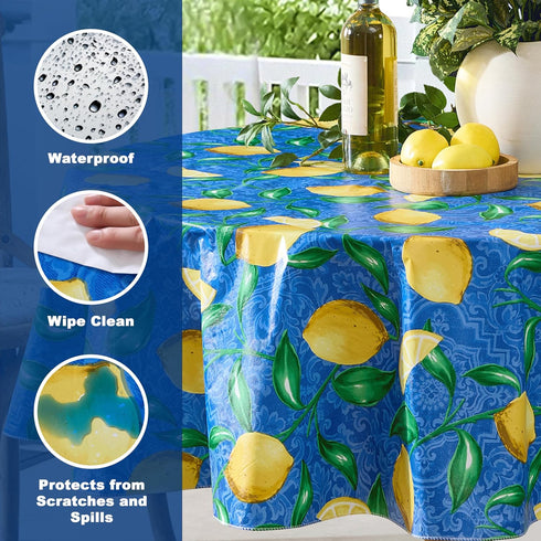 Newbridge Round Vinyl Tablecloth, 70 Inch, Mediterranean Zest Vinyl Flannel Backed Table Cloth, Lemon Print...