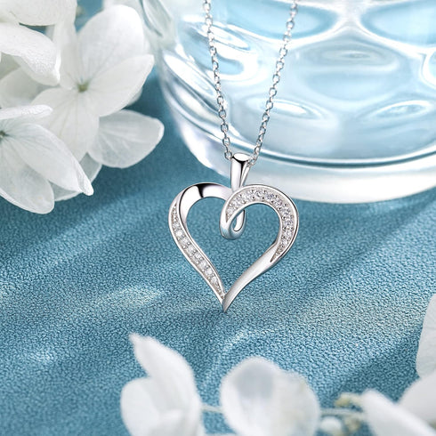 Billie Bijoux Silver Love Heart Necklace 925 Sterling Silver Platinum Plated Round CZ Woman's Jewelry Gifts for Women...