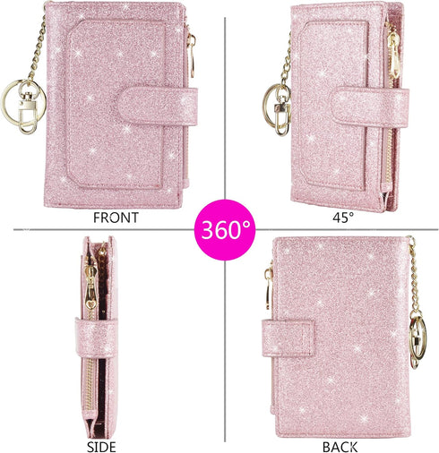 Womens Wallets RFID Small Compact Bifold Leather Card Holder Zip Pocket Keychain...