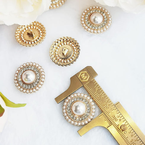 5pcs 23mm Small Fragrance Pearl Rhinestone Metal Buttons Ladies Cashmere Coat Blazer Shirt Button Round Buttons (Golden Pearl lace)...