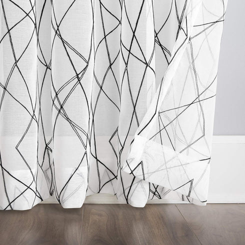 No. 918 Fraction 2-pack Mid-Century Modern Geometric Embroidery Semi-Sheer Rod Pocket Curtain Panel Pair, 50" x 84", Black...