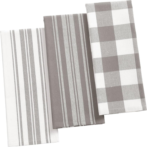 Elrene Home Fashions Farmhouse Living Stripe and Check Kitchen Towels, 17" x 28" (Set of 3), Gray/White 3...