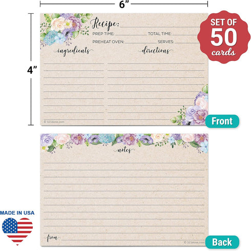 321Done 4x6 Floral Recipe Cards (Set of 50) - Thick Double Sided Premium Card Stock - Made in USA - Watercolor Flowers on Kraft Look, Large Notes ...