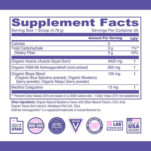 Zhou Nutrition USDA Organic Blue Spirulina Powder with KSM-66 Ashwagandha and Blueberry, Organic Superfood Powder, Antioxidants, Fiber, Mental Ene...