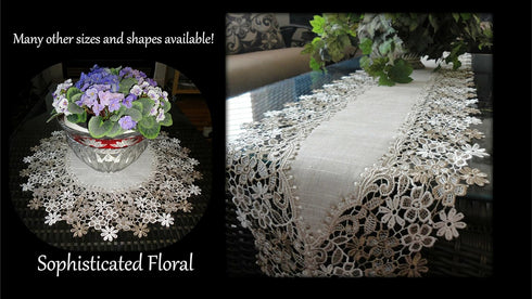 Sophisticated Floral Lace Dresser Scarf 65" Neutral Earth Tones or Mantel Scarf Table Runner...