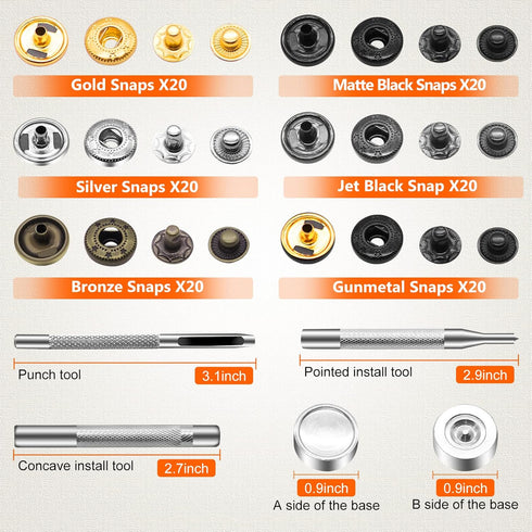 Alritz 120 Set Leather Snap Fasteners Kit, 12.5mm Metal Button Snaps Press Studs with 4 Setter Tools, 6 Color Leather Snaps for Clothes, Jackets, ...