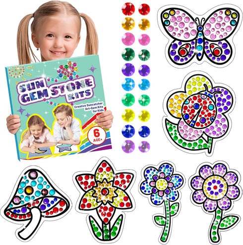 atydkug Window Gem Art Diamond Kits Painting for Kids - Fun Arts & Crafts 6 Sheets Flowers Gem Art Painting Kits by Numbers for Girl, Birthday Par...