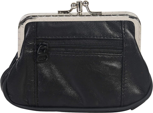 Women's Leather Metal Frame Double Clasp Zipper Coin Purse 5 1/4" x 3 1/4" (Black)...