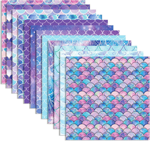 VIVIQUEN 24 Pack Mermaid Pattern Double-Sided Paper, 12-inches Purple Textured Scrapbook Paper Craft Paper Folded Flat for DIY Background Card Mak...