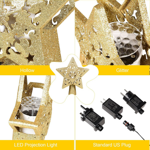 Christmas Tree Topper Lighted with Star Projector, LED Rotating 3D Glitter Tree Topper for Christmas Tree, Christmas Decorations Lights (Golden)...