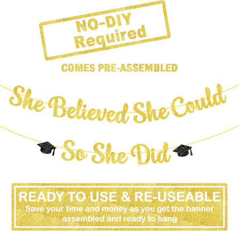 KatchOn, She Believed She Could So She Did Banner - Glitter 10 Feet, No DIY | Gold and Black You Did It Banner, Graduation Decorations 2025 | Medi...