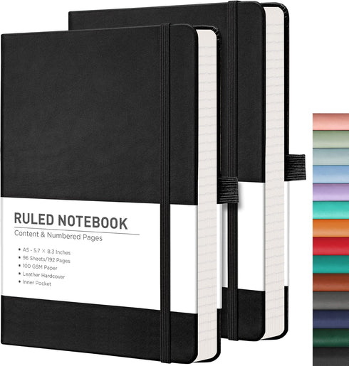 RETTACY Journaling Notebooks 2-Pack - A5 Notebooks College Ruled with 192 Numbered Pages per Pack, for Work, School, 100 GSM Acid-Free Paper, Leat...