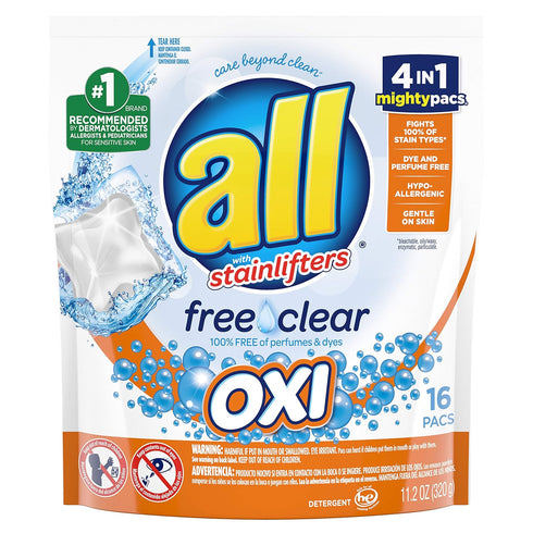 All Mighty Pacs Laundry Detergent, Free Clear Pouch, 16 Count (10072613739827)...
